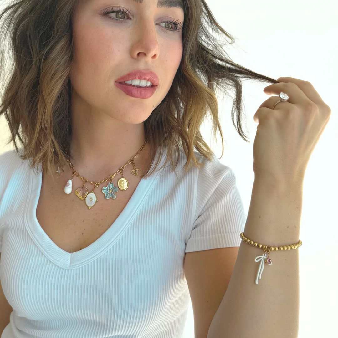 MINI PINK charm bracelet with dainty pink beads, perfect for personalized styling | Lolo Jewelry